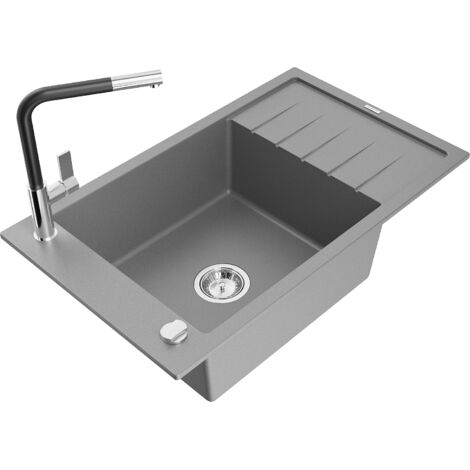 Mexen Elias évier en granit 1 bac avec égouttoir et robinet de cuisine Flora, gris - 6511-71-670401-07 (1/5)