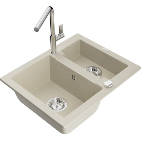 Mexen Carlos évier en granit à 1,5 cuve avec robinet mélangeur Flora, Beige - 6518-69-670401-00 (1/5)
