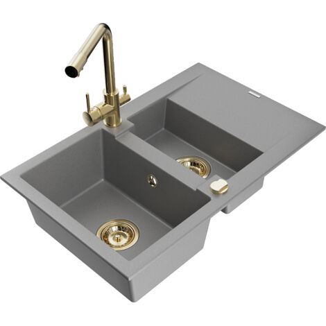 Mexen Gaspar évier en granit 1,5 bac avec égouttoir et robinet de cuisine Duero, gris - 6507-71-671600-50 (1/5)