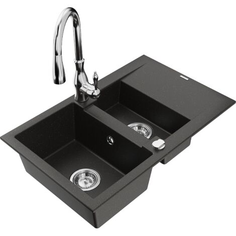 Mexen Gaspar évier en granit 1,5 bac avec égouttoir et robinet de cuisine Savita, noir/or - 6507-75-672601-00 (1/5)