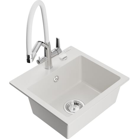Mexen Milo évier en granit 1 bac avec robinet de cuisine Duo, blanc - 6505-20-671701-02 (1/5)