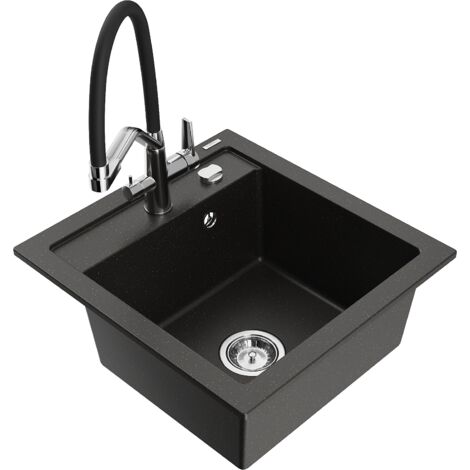 Mexen Vito évier en granit 1-bassin avec robinet de cuisine Duo, noir/or métallique - 6503-75-671701-07 (1/5)