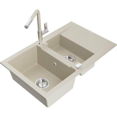 Mexen Gaspar évier en granit 1,5 bac avec égouttoir et robinet de cuisine Flora, beige - 6507-69-670401-09 (1/5)