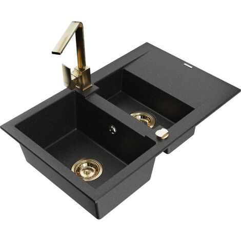 Mexen Gaspar évier en granit 1,5 bac avec égouttoir et mitigeur Rita, noir/métallisé argent - 6507-73-670300-50 (1/5)