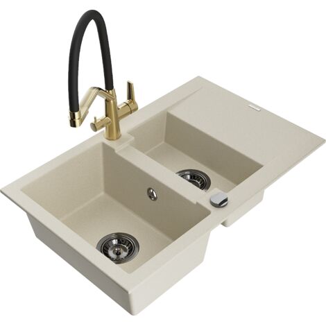 Évier en granit Mexen Gaspar 1,5 bac avec égouttoir et robinet de cuisine Duo, beige - 6507-69-671701-57-B (1/5)