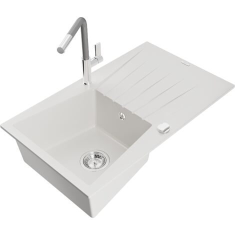 Mexen Cesar évier en granit 1 bac avec égouttoir et mitigeur Flora, blanc - 6514-20-670401-06 (1/5)