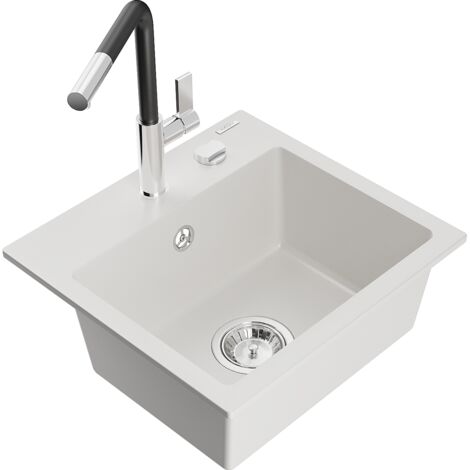 Mexen Milo évier en granit à 1 cuve avec robinet mélangeur Flora, Blanc - 6505-20-670401-07 (1/5)