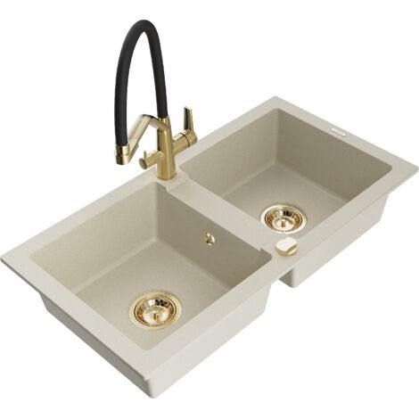 Mexen Mario évier de cuisine 2 bacs avec robinet Duo, beige - 6504-69-671701-57-G