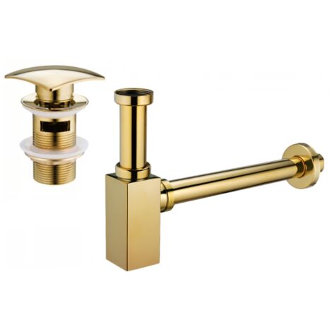 Mexen demi-siphon carré pour lavabo avec bouchon clic-clac, avec trop-plein, Or - 7992660-50