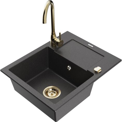 Mexen Enzo évier en granit 1-bac avec égouttoir et robinet de cuisine Telma, noir moucheté - 6506-76-670200-50 (1/5)