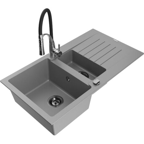 Mexen Matias évier en granit 1,5 bac avec égouttoir et mitigeur Aster, gris - 6502-71-73450-07-B (1/5)