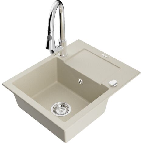 Mexen Enzo évier en granit 1 bac avec égouttoir et robinet Elia, beige - 6506-69-670101-00 (1/5)