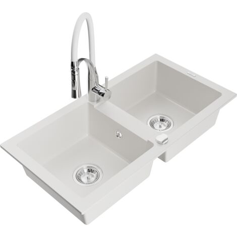 Mexen Mario évier en granit à 2 cuves avec robinet de cuisine Aster, blanc - 6504-20-73450-02 (1/5)
