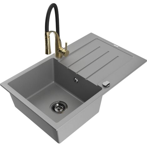 Mexen Bruno évier en granit 1 bac avec égouttoir et robinet de cuisine Aster, gris - 6513-71-73450-57-B (1/5)
