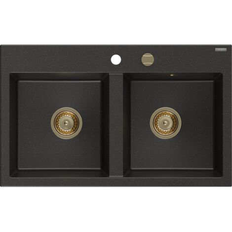 Mexen Hektor évier en granit à 2 bacs 800 x 480 mm, noir/doré métallisé, siphon doré - 6521802000-75-G (1/5)