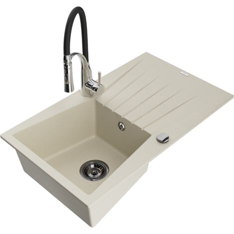 Mexen Cesar évier en granit 1 bac avec égouttoir et robinet de cuisine Aster, beige - 6514-69-73450-07-B (1/5)