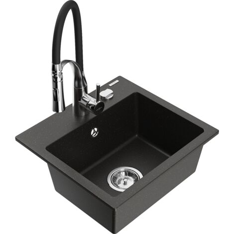 Mexen Milo évier en granit 1-bac avec robinet de cuisine Aster, noir/or métallisé - 6505-75-73450-07 (1/5)