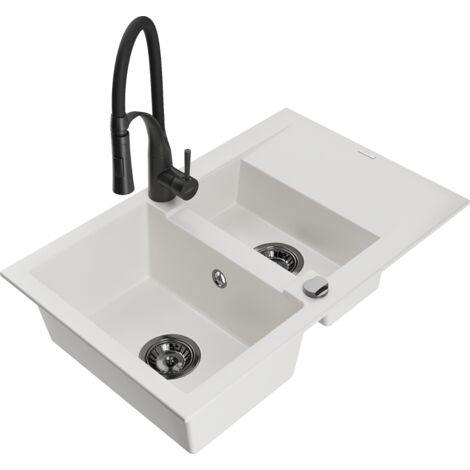 Mexen Gaspar évier en granit 1,5-bac avec égouttoir et robinet de cuisine Aster, blanc - 6507-20-73450-70-B (1/5)