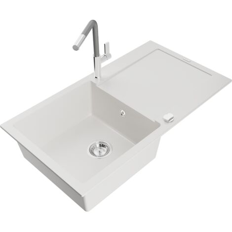 Mexen Leo évier en granit 1 bac avec égouttoir et mitigeur de cuisine Flora, blanc - 6501-20-670401-06 (1/5)
