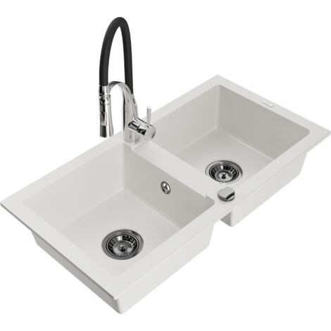 Mexen Mario évier en granit 2 cuves avec robinet de cuisine Aster, blanc - 6504-20-73450-07-B (1/5)