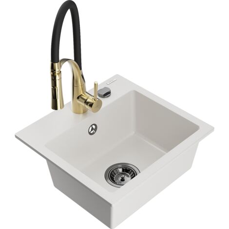 Mexen Milo évier en granit 1-cuve mitigeur de cuisine Aster, blanc - 6505-20-73450-57-B (1/5)