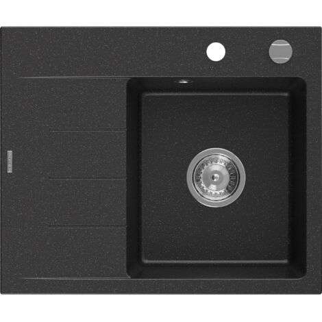 Mexen Ben évier en granit 1 bac avec égouttoir droite 600 x 500 mm, noir/argent métallisé, siphon chromé - 6523605000-73 (1/5)