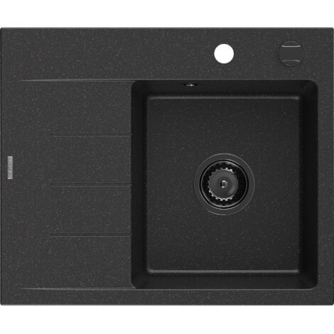 Mexen Ben évier en granit 1 bac avec égouttoir droit 600 x 500 mm noir/métallique argenté siphon noir - 6523605000-73-B (1/5)