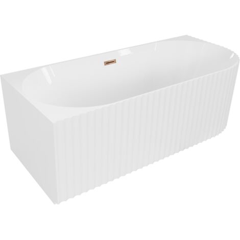 Mexen Gia baignoire autoportante d'angle cannelée gauche 150 x 75 cm, blanc brillant, trop-plein or rose - 52701507500L-60 (1/3)