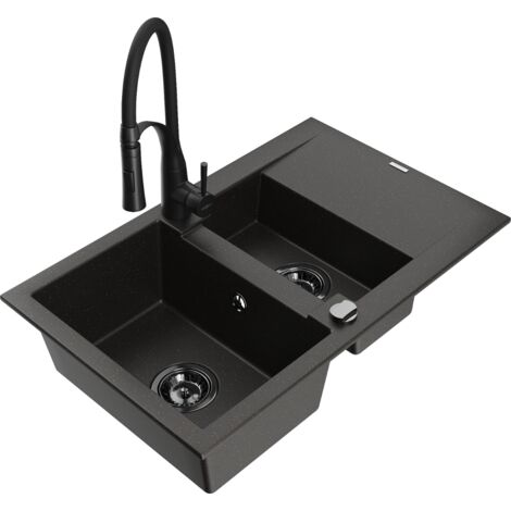 Mexen Gaspar 1,5 bac évier en granit avec égouttoir et robinet de cuisine Aster, noir/or métallisé - 6507-75-73450-70-B (1/5)