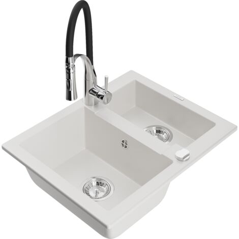 Mexen Carlos évier en granit 1,5 bac avec robinet de cuisine Aster, blanc - 6518-20-73450-07 (1/5)