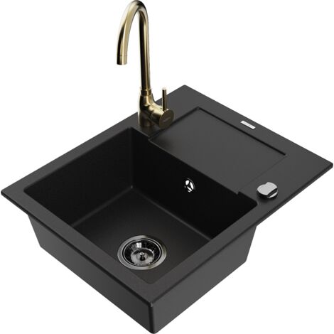 Mexen Enzo évier en granit 1 bac avec égouttoir et robinet de cuisine Telma, noir - 6506-77-670200-50-B (1/5)