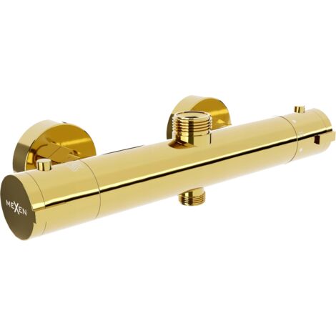 Mexen – Robinet de douche thermostatique doré – Corps en laiton – Raccord G 3/4' et G 1/2' – Blocage à 38°C – 7715050
