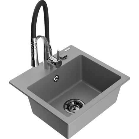 Mexen Milo évier en granit 1-bac avec robinet de cuisine Aster, gris - 6505-71-73450-07-B (1/5)