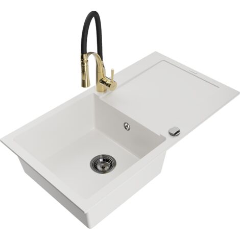 Mexen Leo évier en granit 1 bac avec égouttoir et robinet de cuisine Aster, blanc - 6501-20-73450-57-B (1/5)