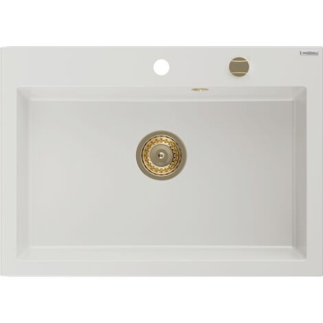 Mexen Elix évier en granit 1-bac 700 x 500 mm, blanc, siphon doré - 6526701005-20-G