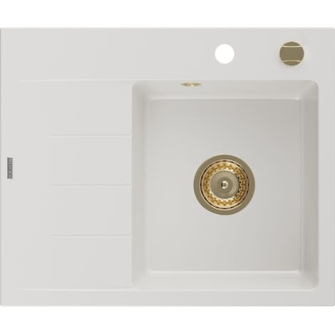 Mexen Ben évier en granit 1-bassin avec égouttoir droit 600 x 500 mm, blanc, siphon doré - 6523605000-20-G (1/5)