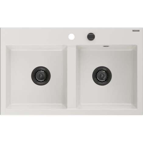 Mexen Hektor évier en granit 2 bacs 800 x 480 mm, blanc, siphon noir - 6521802000-20-B (1/5)