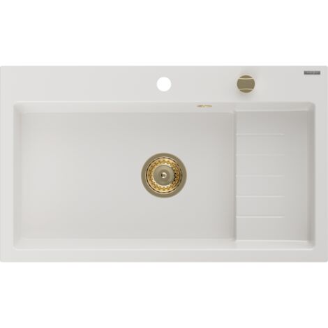 Mexen Omar évier en granit 1 cuve 800 x 480 mm, blanc, siphon doré - 6520801005-20-G