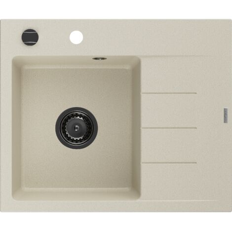 Mexen Ben évier en granit 1 bac avec égouttoir gauche 600 x 500 mm, beige, siphon noir - 6522605000-69-B (1/5)