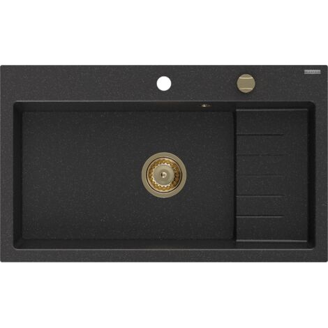 Mexen Omar évier en granit 1 bac 800 x 480 mm, noir/argent métallisé, siphon doré - 6520801005-73-G (1/5)