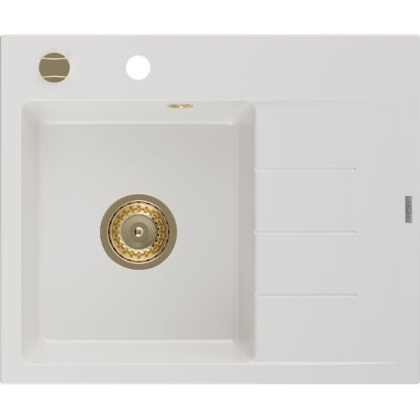 Évier de cuisine Mexen Ben en granit 1 bac avec égouttoir gauche 600 x 500 mm, blanc, siphon doré - 6522605000-20-G (1/5)