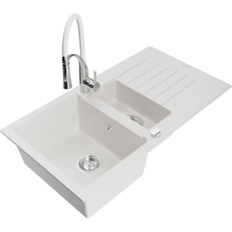 Mexen Matias évier en granit 1,5-bac avec égouttoir et robinet de cuisine Aster, blanc - 6502-20-73450-02 (1/5)