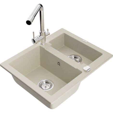 Mexen Carlos évier en granit 1,5 bac avec robinet de cuisine Duero, beige - 6518-69-671600-00 (1/5)