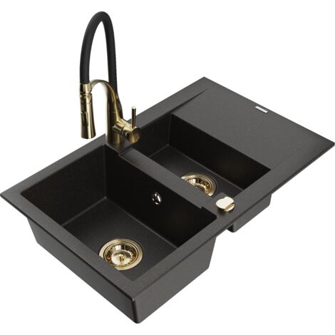 Mexen Gaspar évier en granit 1,5 bacs avec égouttoir et robinet de cuisine Aster, noir/or métallique - 6507-75-73450-57-G (1/5)