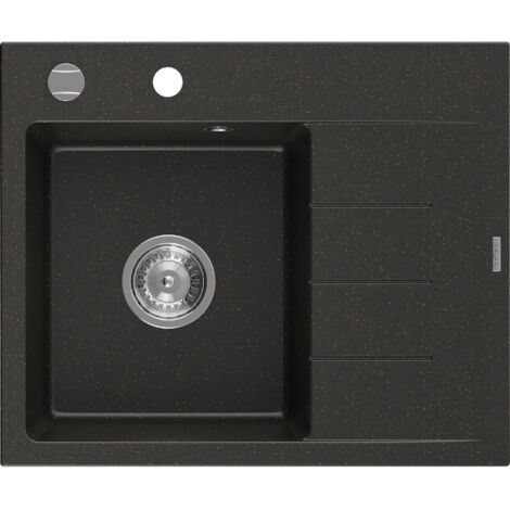 Mexen Ben évier en granit 1 bac avec égouttoir gauche 600 x 500 mm, noir/doré métallisé, siphon chromé - 6522605000-75 (1/5)