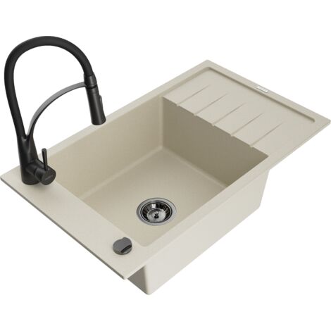 Mexen Elias évier en granit 1 bac avec égouttoir et robinet de cuisine Aster, beige - 6511-69-73450-70-B (1/5)