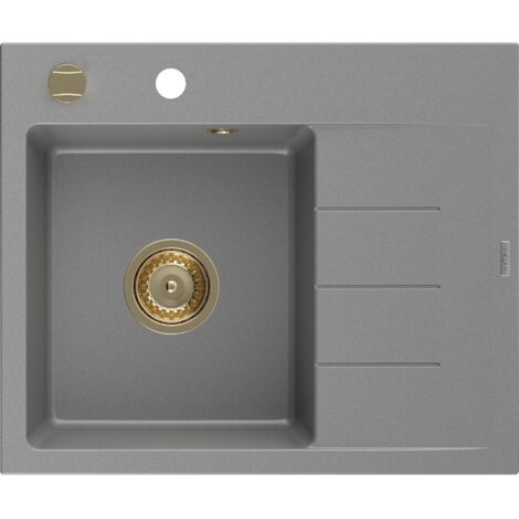 Mexen Ben évier en granit 1 bac avec égouttoir à gauche 600 x 500 mm, gris, siphon doré - 6522605000-71-G (1/5)
