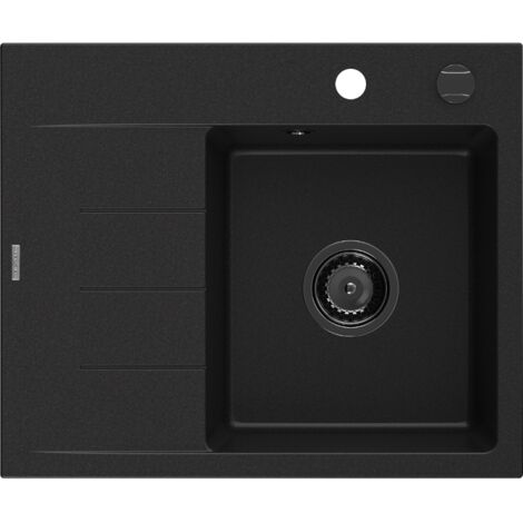 Mexen Ben évier en granit 1 bac avec égouttoir droit 600 x 500 mm, noir, siphon noir - 6523605000-77-B (1/5)