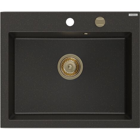Mexen Elix évier de cuisine en granit 1 bac 600 x 500 mm, noir/doré métallique, siphon doré - 6525601005-75-G (1/5)