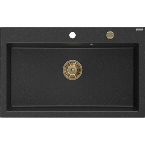 Mexen Elix évier de cuisine en granit 1 bac 800 x 500 mm, noir/argent métallique, siphon doré - 6527801005-73-G (1/5)